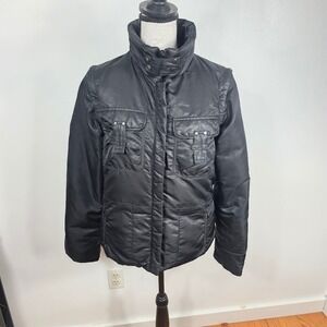 1 Madison Womens Black Puffer Jacket Medium Stand Collar Utility Zip Snap‎